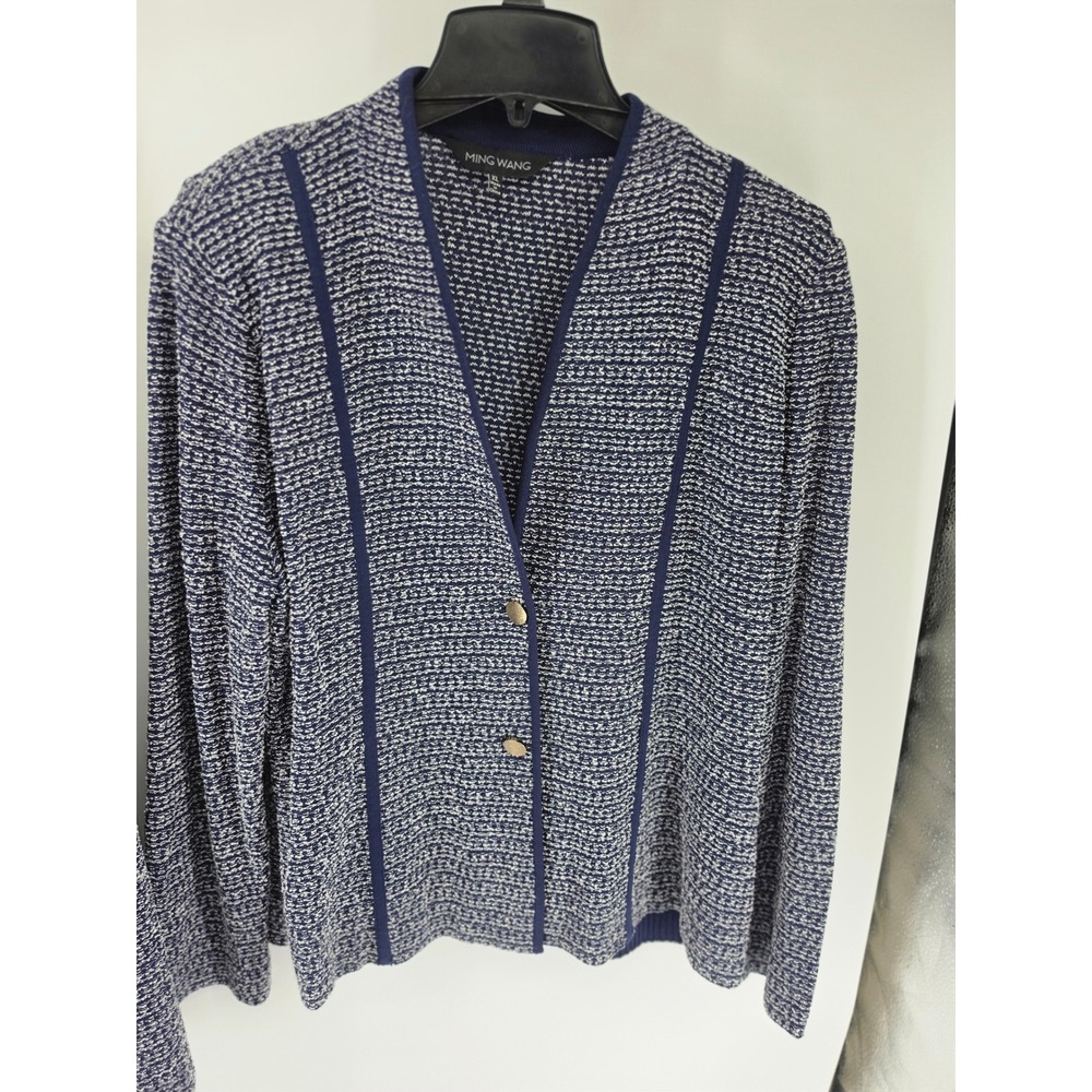 Ming Wang Womens XL Navy White Knit Skirt Suit Set Cardigan Jacket Pencil Skirt - Picture 5 of 9